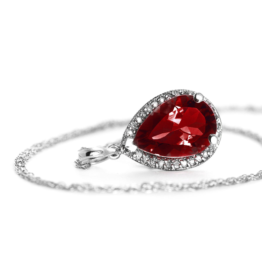 14K. SOLID GOLD NECKLACE WITH NATURAL DIAMONDS & GARNET (White Gold) - Picture 2 of 3